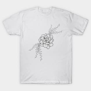 Simple Minimalist Cute Black Flower and leaves Print T-Shirt